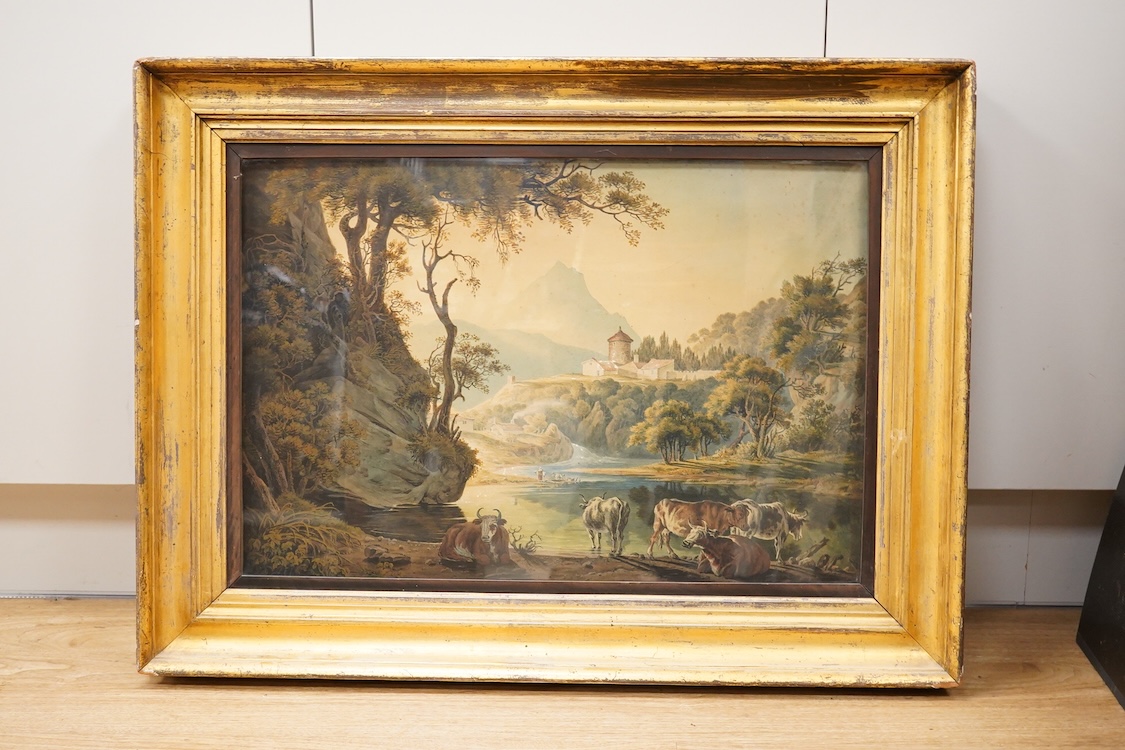 J H Fidlor (Late 18th / early 19th. C), Riverscape with cattle watering, signed and dated 1807, 3S6XJ stencil verso, watercolour, 41 x 60cm, gilt framed